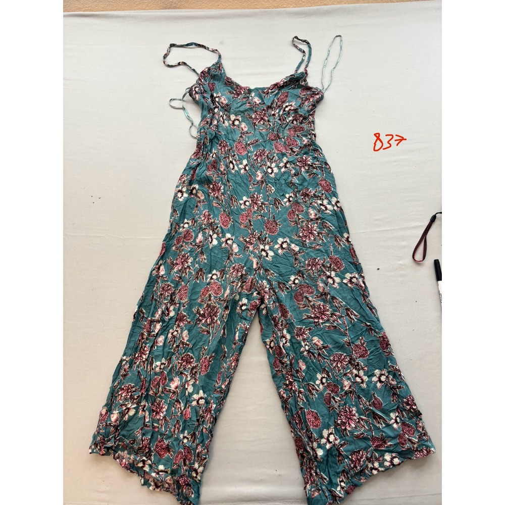 Boho Floral Wide Leg Jumpsuit Teal Pink Smocked Back Sleeveless Medium